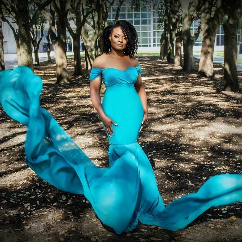 Nuovi oggetti di scena per fotografia di maternità Abito in cotone per gravidanza Foto con spalle scoperte Abiti a coda di pesce a coda lunga per donna Abiti maxi