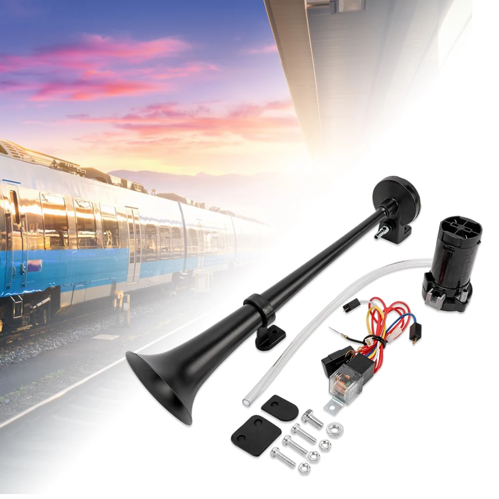 18 Inch Single Trumpet Air Horn Complete Kit 12V Loud Sound for Van Vehicle Truck Boat Train Installation