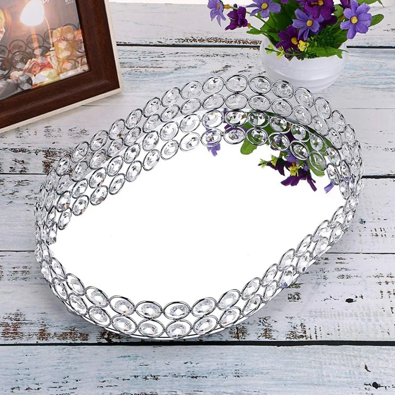 Mirrored Crystal Vanity Makeup Tray, Jewelry Trinket Storage Tray Cosmetic Perfume Display Tray (Silver,Ellipse)