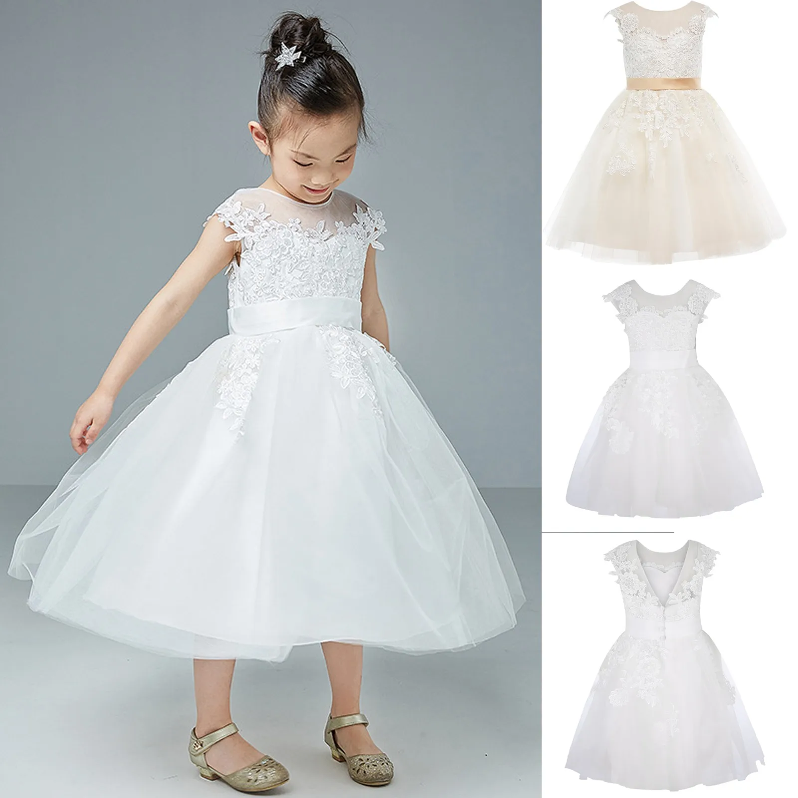 White Wedding Junior Bridesmaid Dress Floral Embroidery Lace Tutu Princess Dress Girls Kids Party Children Clothing For Girl