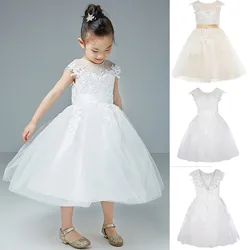 White Wedding Junior Bridesmaid Dress Floral Embroidery Lace Tutu Princess Dress Girls Kids Party Children Clothing For Girl