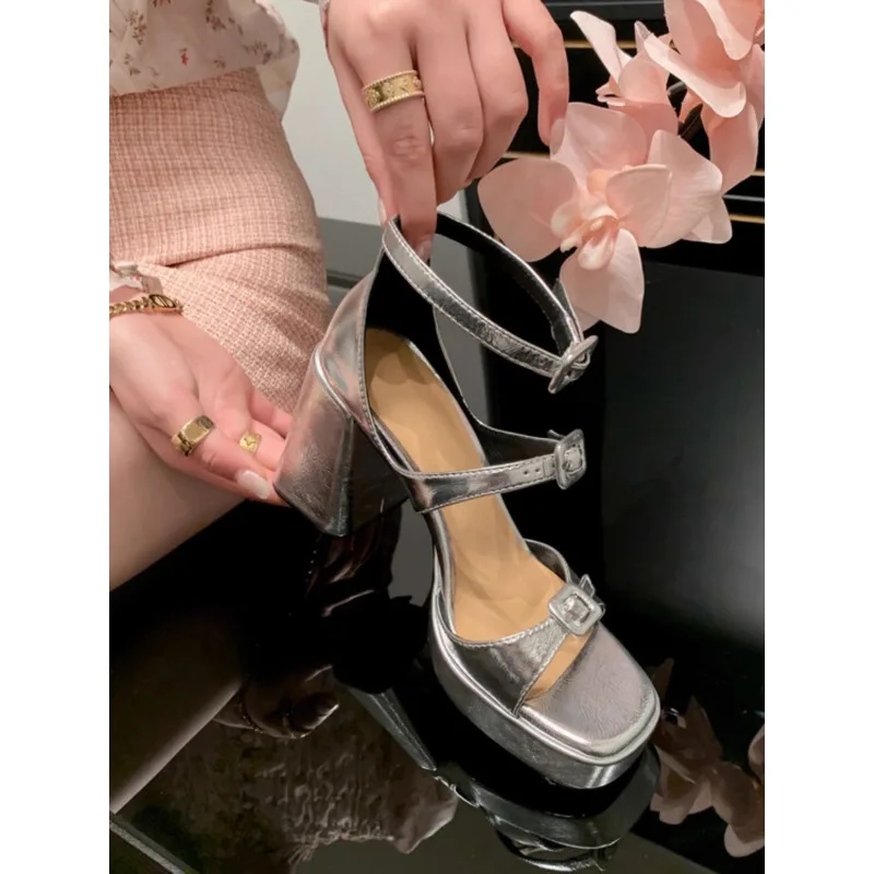 Women's Wedding Party Genuine Leather 2024 New Super High Heels Shoes Skirt Waterproof Platform Thick Silver Sole Lady Sandals