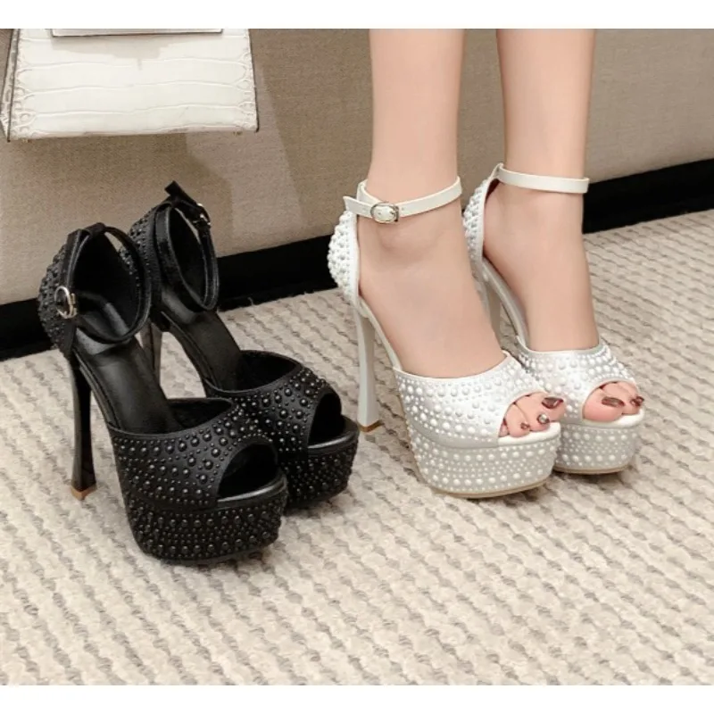 

2026 Women's Fashion New Design Pearl Strappy Sexy High Heel Pumps Waterproof Platform Walk-In Show 14CM Sandals