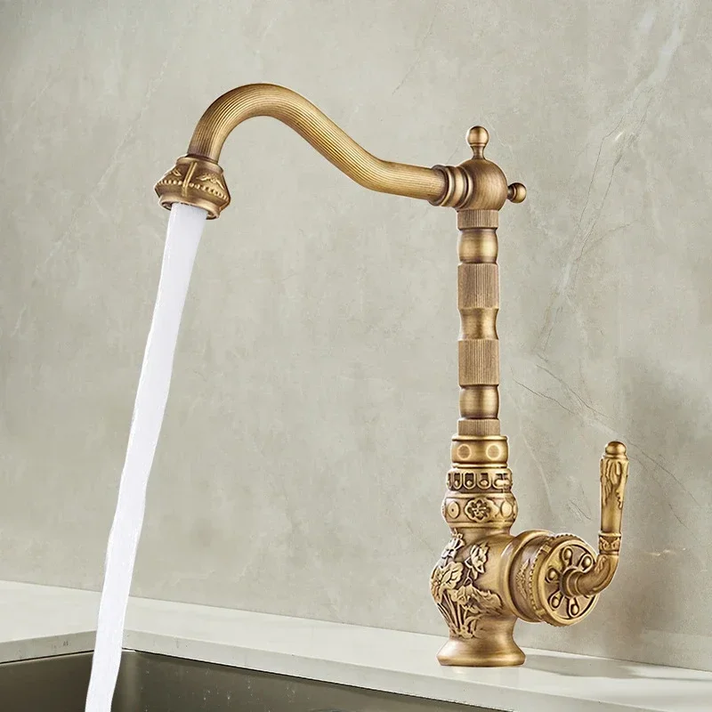 

Single Handle European Antique Finish Brass Kitchen Faucets Hot and Cold Basin Faucet for Bathroom