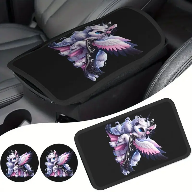 1Pc Car Armrest Cover & 2Pcs Cup Coasters Set With Fantasy Winged Unicorn Print For Car Interior