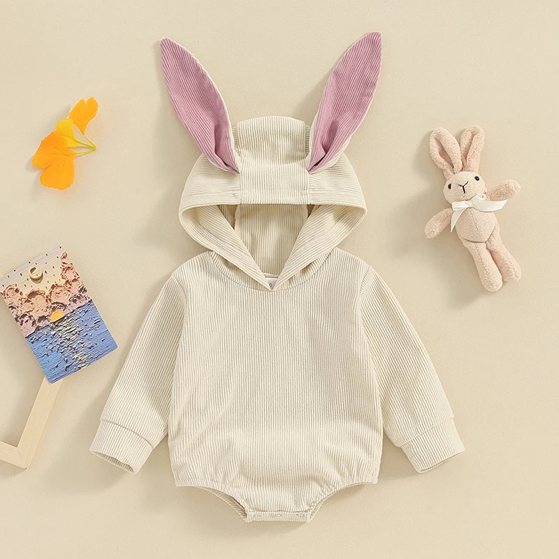 EWODOS Baby Girls and Boys Corduroy Romper Cute 3D Rabbit Ear Long Sleeve Hooded Jumpsuit Infant Toddler Easter Clothes