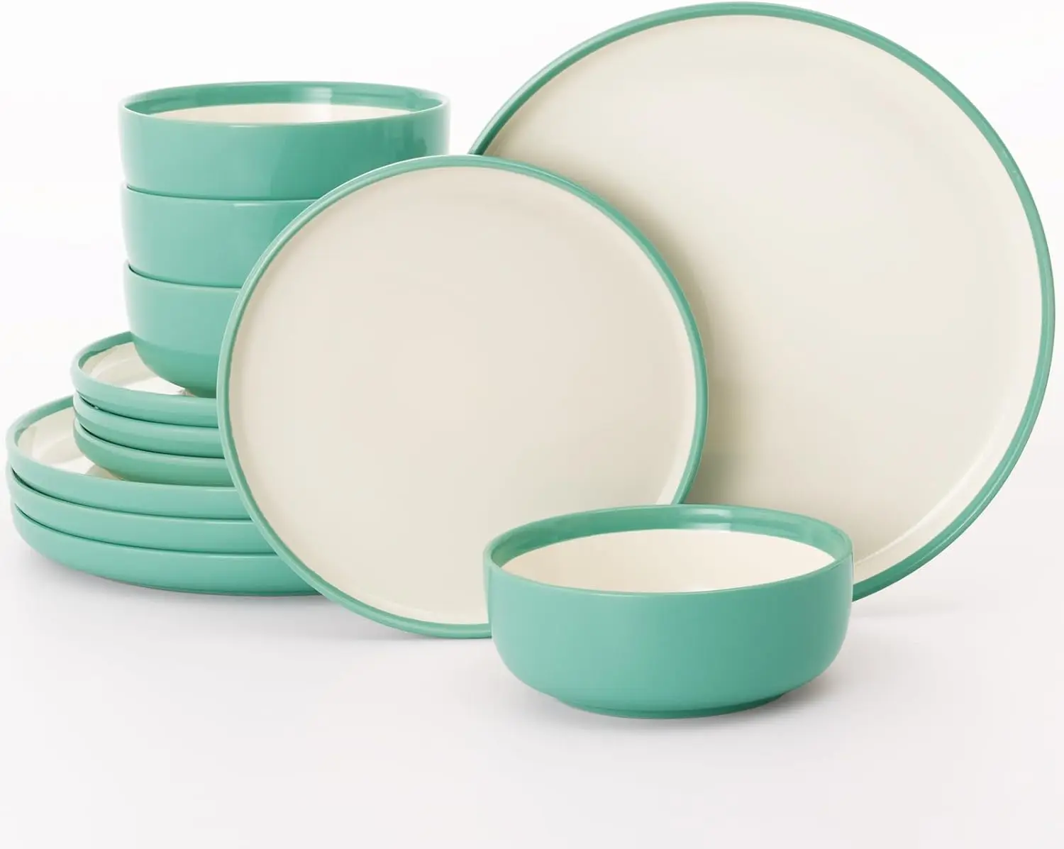 

Lake MacDonnell Plates and Bowls Set for 4, 12 Pieces Dinnerware Sets, Handcrafted, Stoneware Dishes Set, Green and Beige