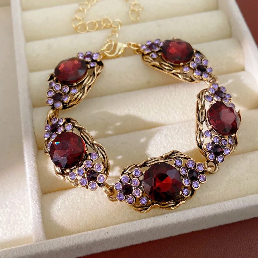 Mediaeval Vintage Rhihnestones Chokers Necklace for Women Oval Purple Flower Stud Earrings Bracelets Dedicate Banquet Jewelry M1 - view 5