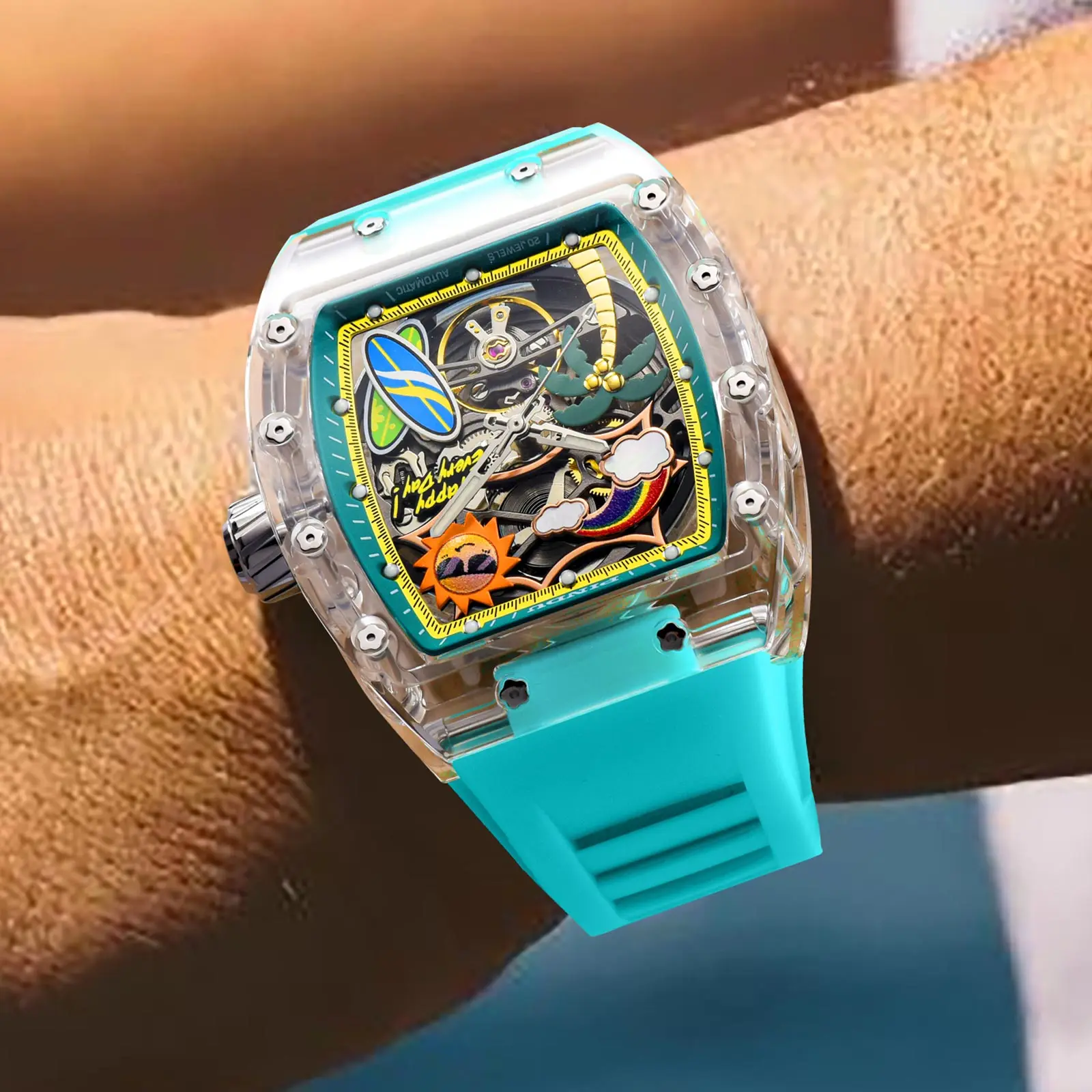 PINDU Design New Bucket Shaped Mechanical Men Watch K9 Glass Summer Beach Style Night Light Silicone Waterproof Automatic Watch view 5