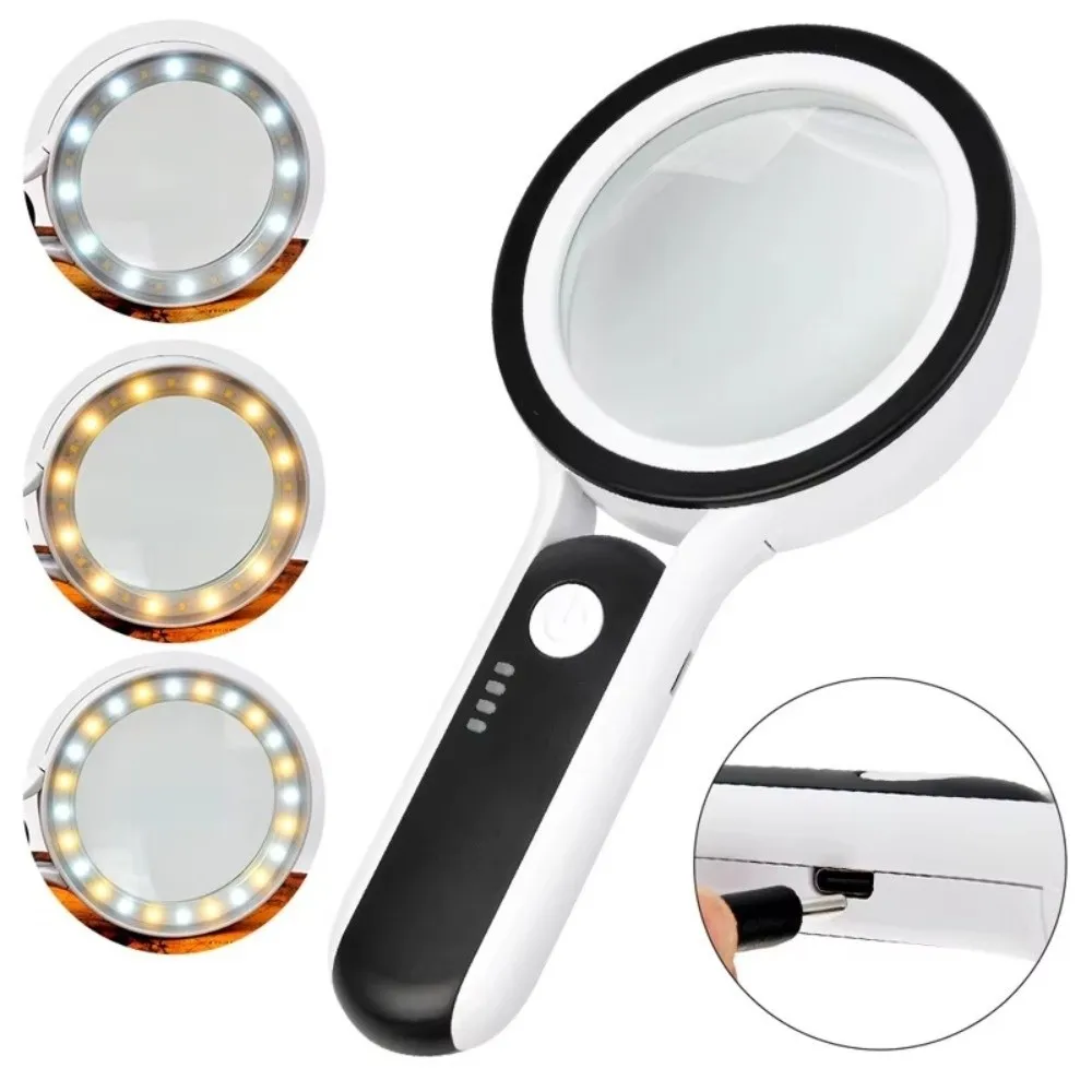 30X Magnification Handheld Magnifier 3 Lighting Modes 24 LED Lights Rechargeable Magnifier Rechargeable Built-in Light