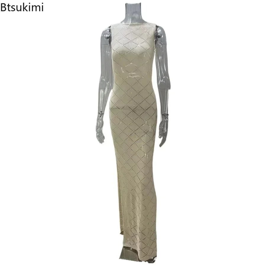 2025 feminino verão sexy fora do ombro vestido em torno do pescoço sem mangas recorte malha sólida maxi vestido meninas festa praia vestido de férias