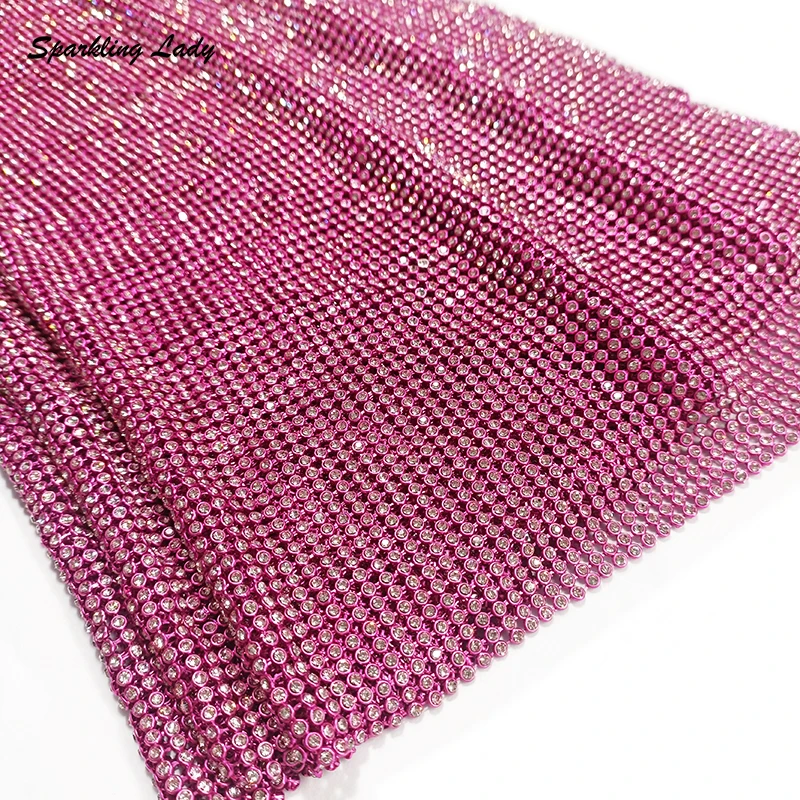 Embroidered Diamond Mesh Fabric Sparkle Hot Pink Metal Net Crystal Rhinestone Chain Link Fabrics For Garment Bags Designer DIY