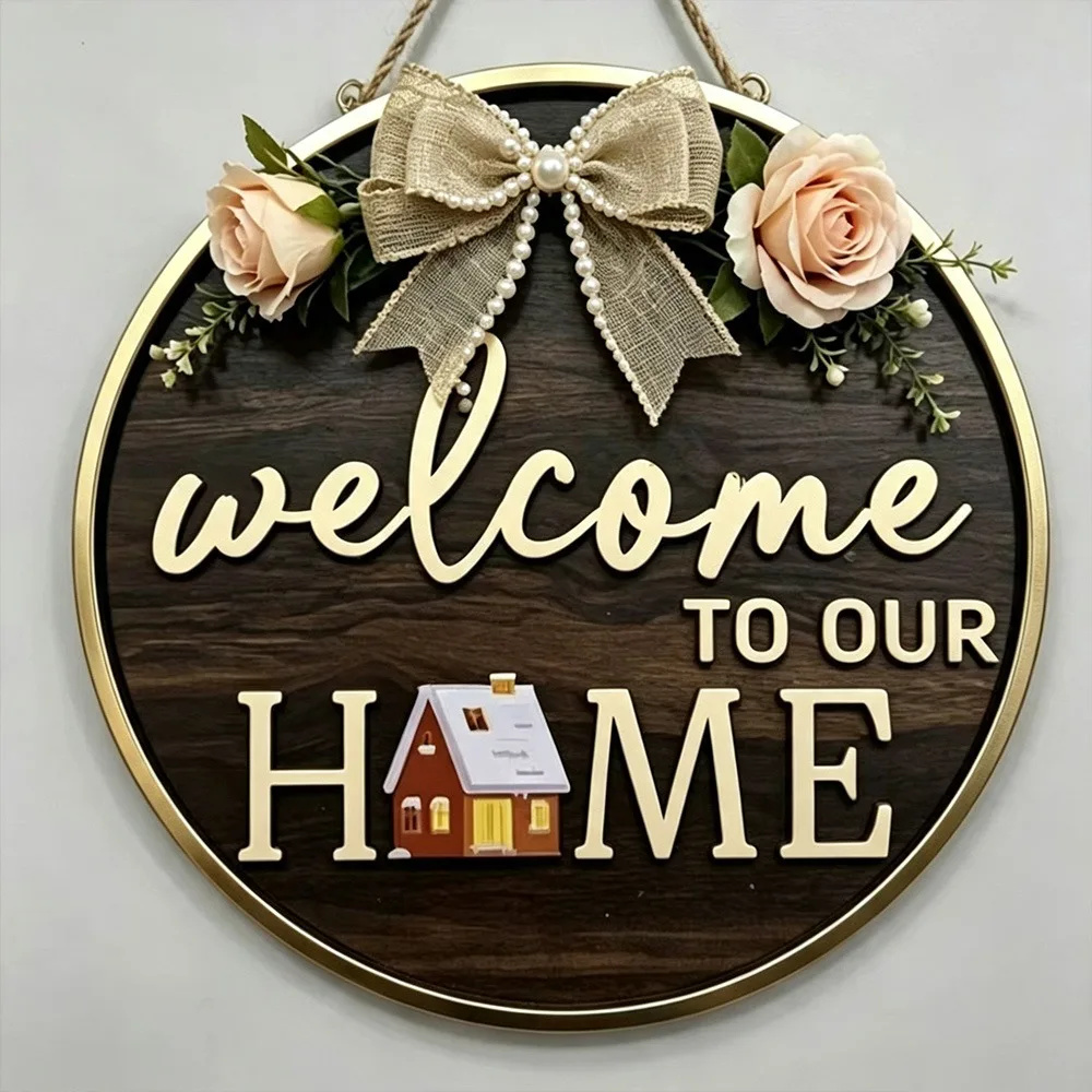 Durable 2D Flat Wooden Door Sign Floral Pattern Bow Pattern Door Wreath Solid Wood Wooden Welcome Sign Spring Summer Decor
