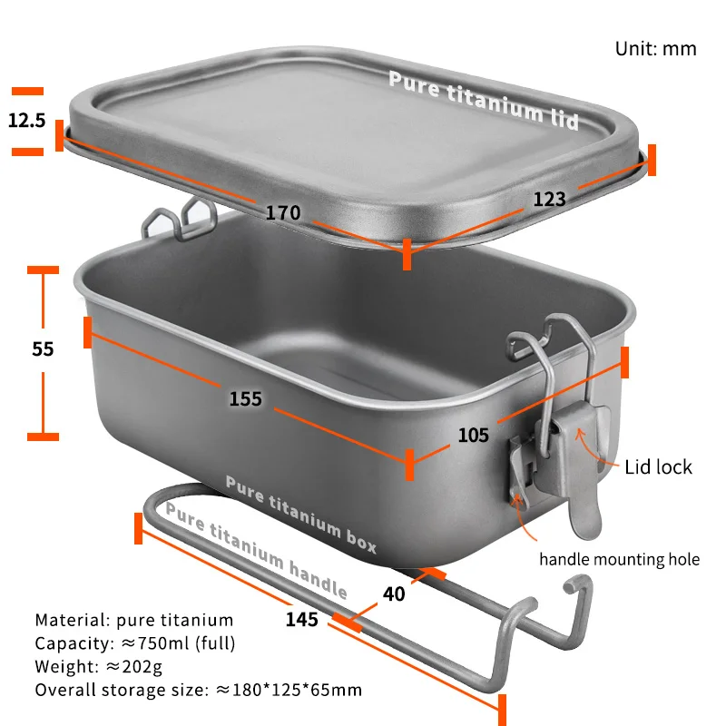 TiTo Titanium 800ML Healthy Titanium Alloy Portable Bento Dinner Box Leak-Proof Lunch Boxes Rectangle Food Storage Containers