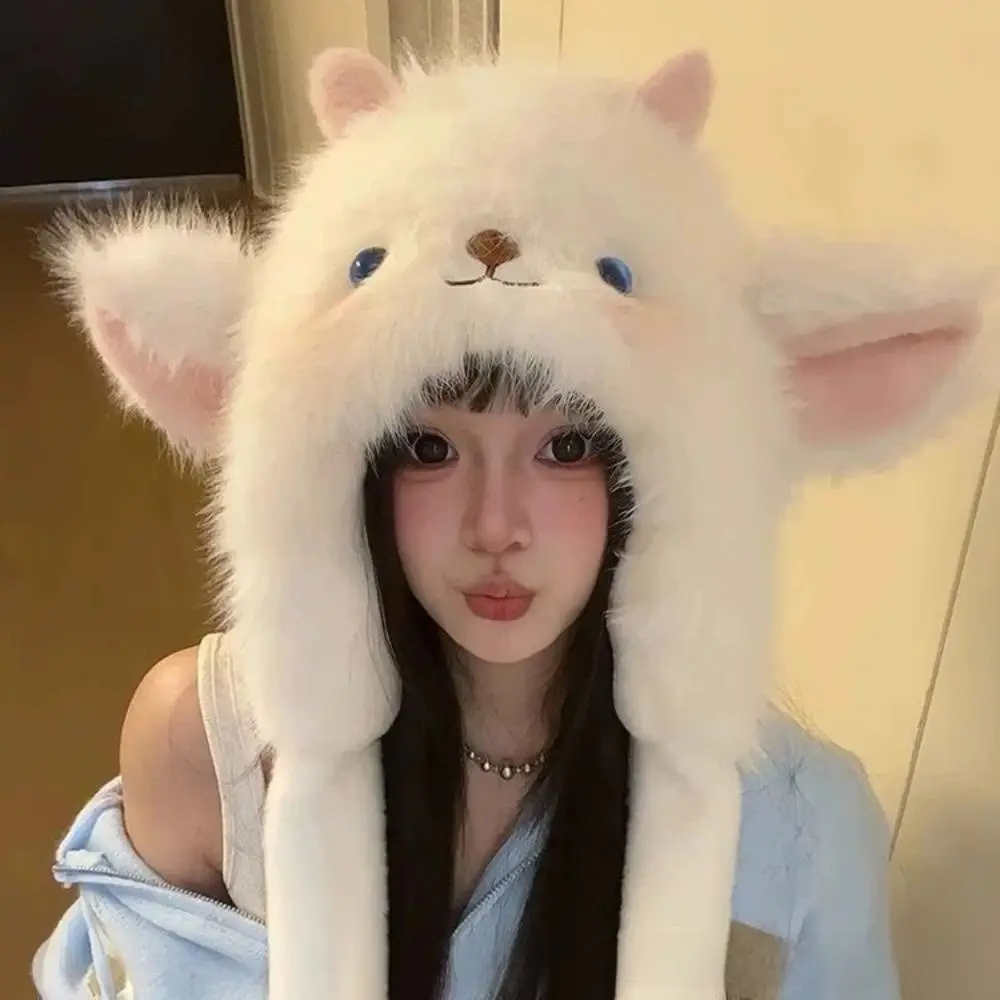 Urocza, puszysta czapka z uszami, gruba, wiatroodporna, utrzymująca ciepło, nakrycie głowy, czapka zimowa w kształcie owcy z kreskówki, modna czapka damska.