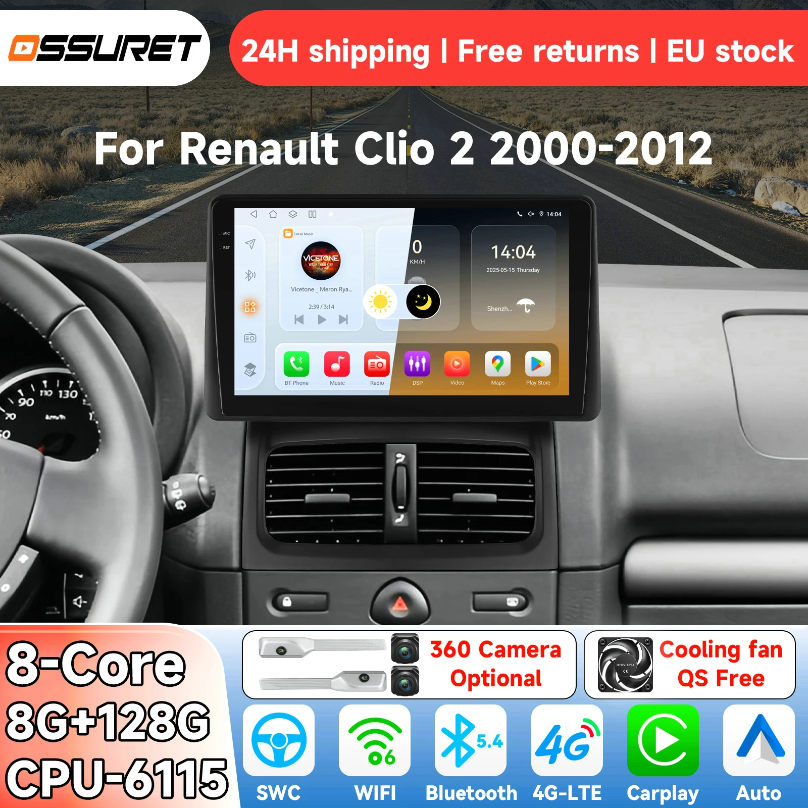 OSSURET Autoradio Android 14 per Renault Clio 2 2000-2012 Sistema Intelligente Carplay Lettore Multimediale Video GPS 4G 6115