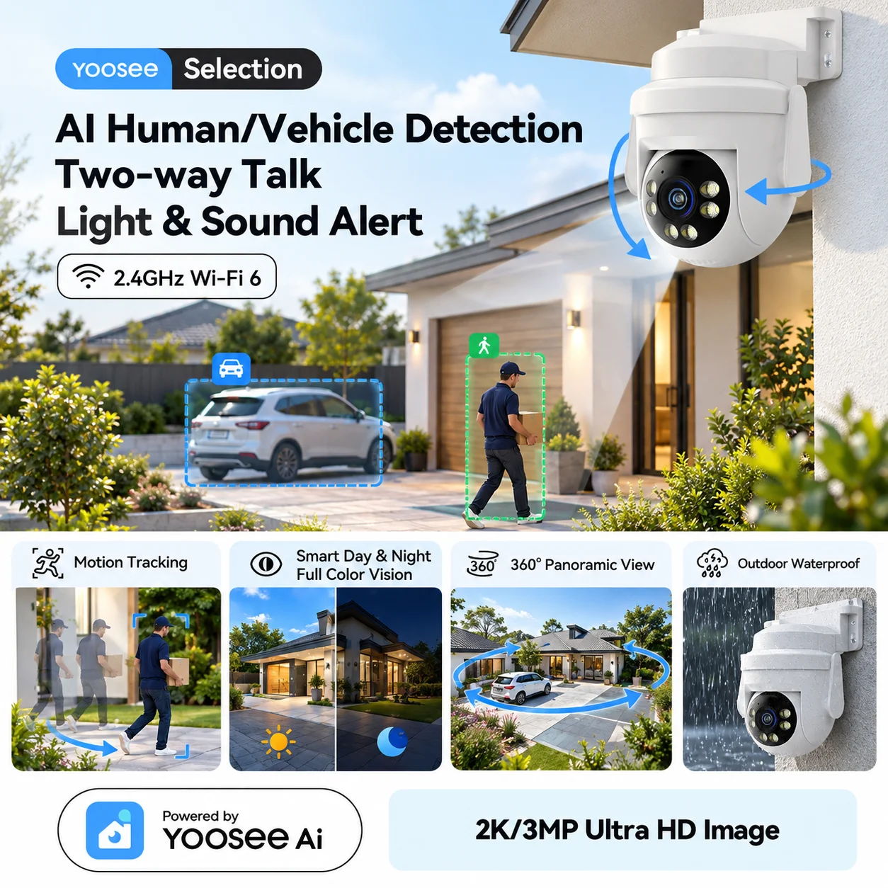 Yoosee B33S 2K 3MP HD Outdoor AI Smart Security Camera WiFi6 Human Vehicle Fire Detection Waterproof Night Vision 2 Way Talk