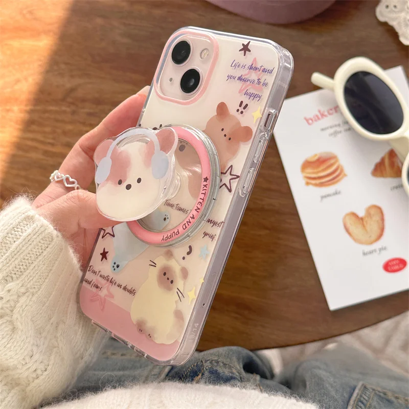 Kawaii Cartoon Cat Magnentic Phone Case For iPhone 15 Pro 12 14 13 Pro Max 14pro Cover with Magsafe Holder Fashion Cartoon Cases