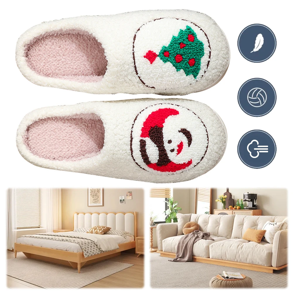 Snowman Xmas Tree Slippers Christmas Plush Slippers Comfortable Cute Furry Slippers Anti Slip Soft Couple Slippers for Men Women