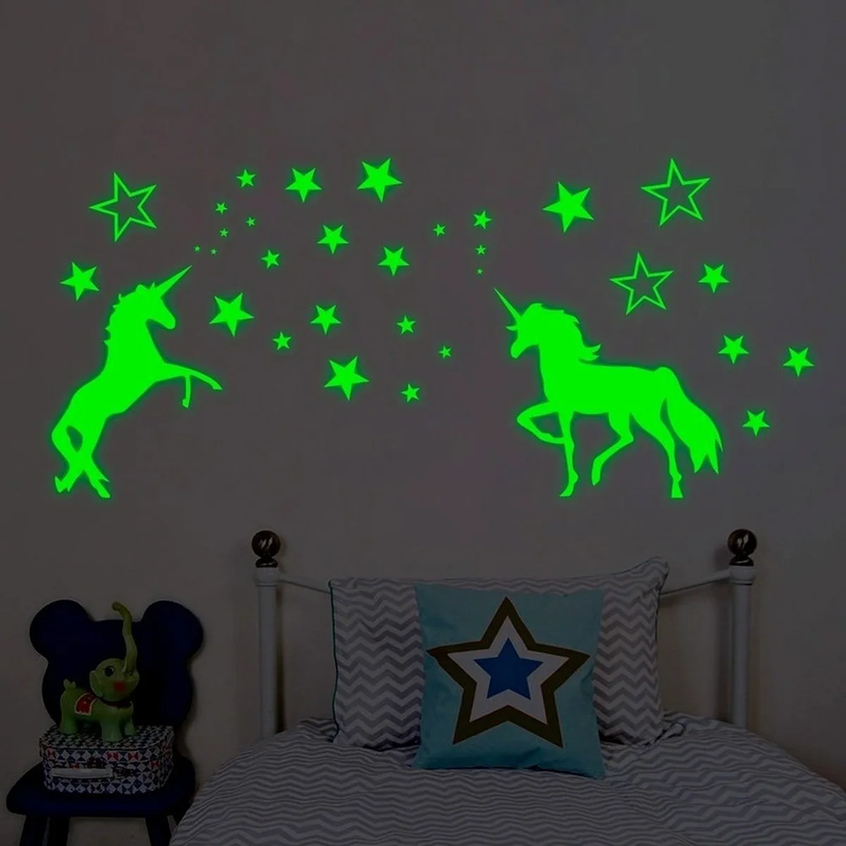 Pegatinas de pared luminosas que brillan en la oscuridad, estrellas, unicornios, fluorescentes, para techo, fiesta en casa, decoración de habitación