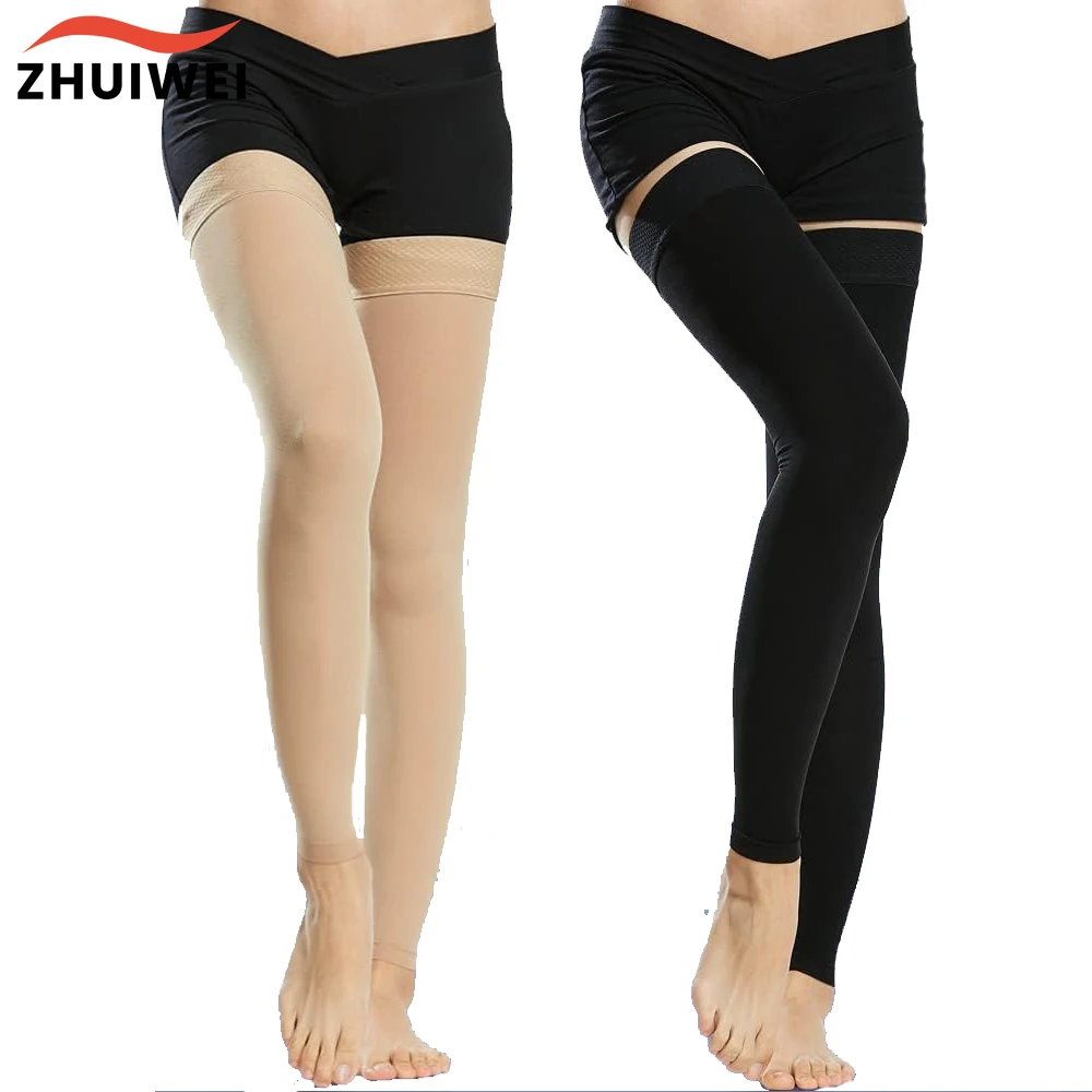 Thigh High Footless Compression Stockings & Sleeves with Silicone Band for Women & Men, Firm 20-30 mmHg Graduated Support