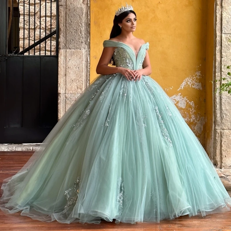 

Зеленое блестящее бальное платье Quinceanera, платья с открытыми плечами и блестками, аппликация, кружевные бусины, TTull, вечерние, день рождения, сладкое платье 16, Vestid