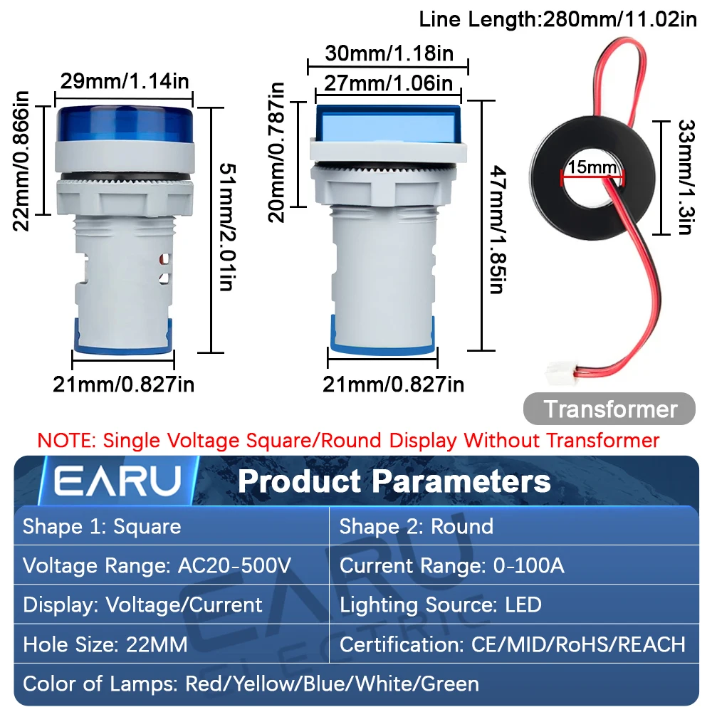 EARU 22MM AC 20-500V 0-100A LED Digital Voltmeter Ammeter Signal Indicator Lights Voltage Current Meter Volt Amp Tester Detector