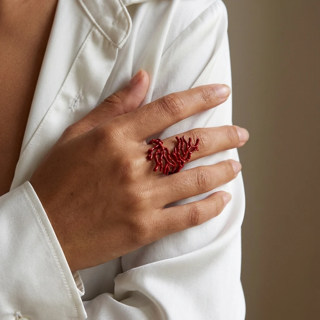 Sculptural Statement Ring for Women Red Coral Branch Motif Adjustable Wrap Open Ring Bold Avant Garde Art Jewelry