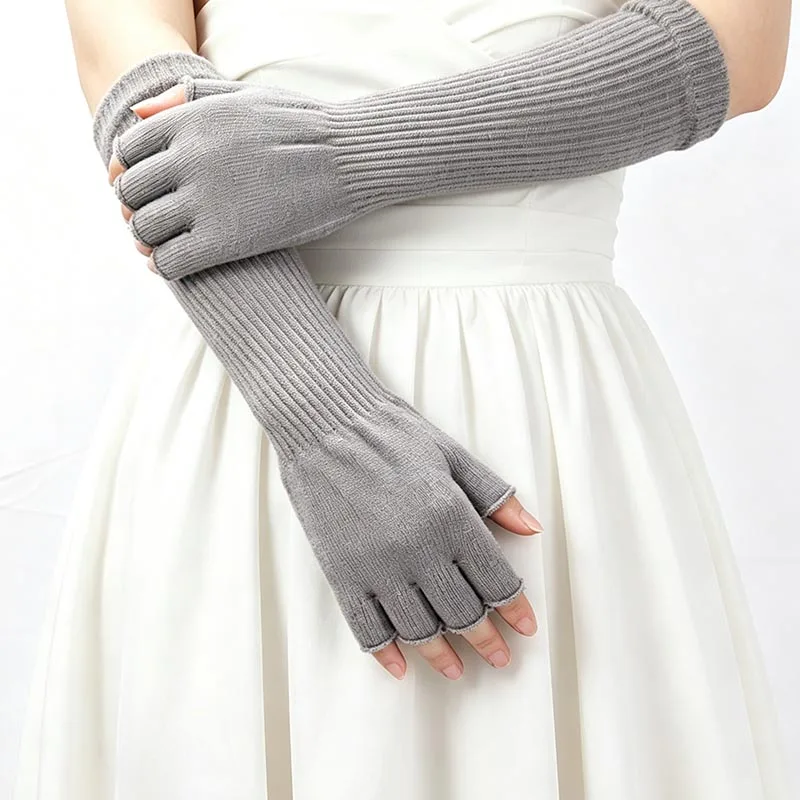 Women Knitted Long Half Finger Gloves Fingerless Gloves for Men Autumn Winter Elastic Warm Workout Cycling Accessories