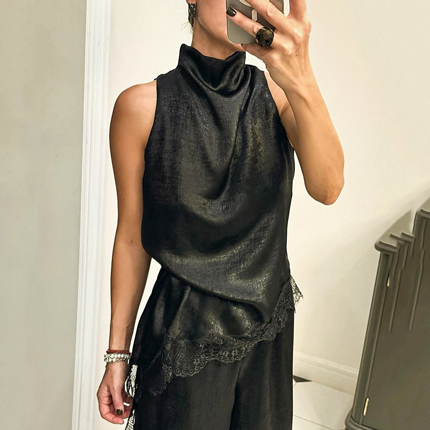 Linad أنيقة الدانتيل غير النظامية الياقة المدورة تانك القمم الشارع شيك الأسود سترة دون أكمام الإناث موضة المرقعة كاميس 2026 الربيع #6