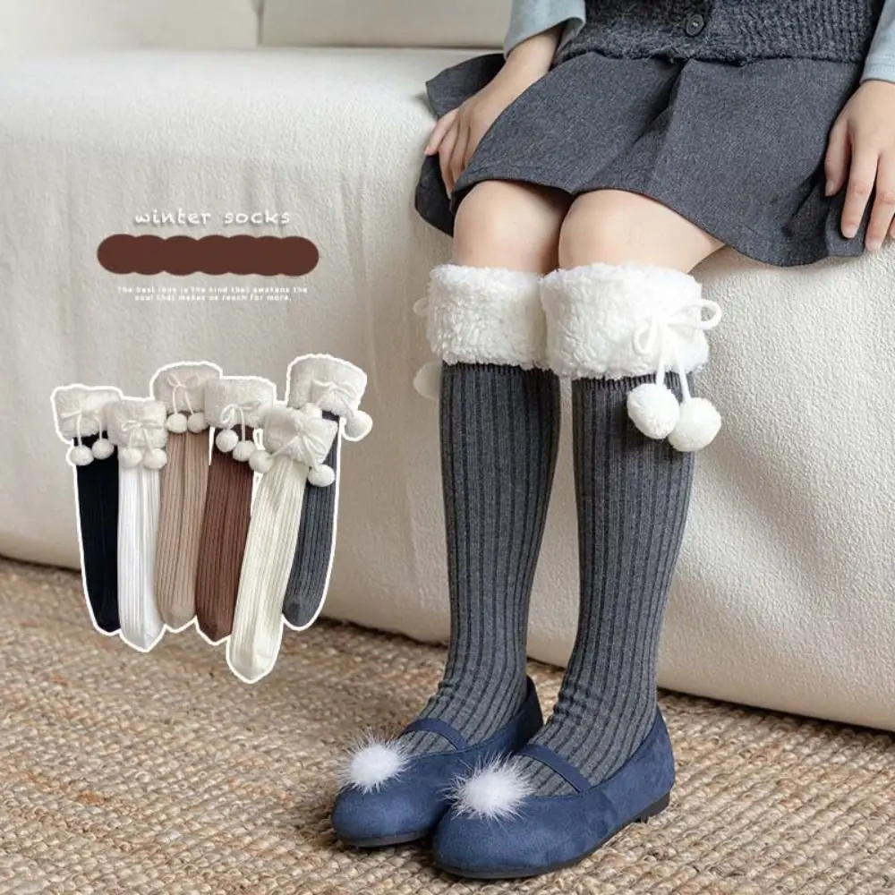 Chaussettes longues en laine d'agneau pour femmes, bonneterie en peluche de style coréen, accessoires de gril en coton, chaussettes à nœud, automne et hiver