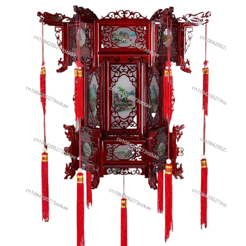 Palace lantern carved wooden lantern Chinese balcony hexagonal red sheepskin housewarming outdoor antique lantern