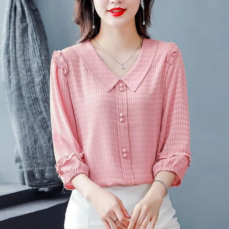 Little Fresh Women\'s Three-quarter Sleeved Shirt Summer Clothes for Women Doll Collar Solid Color Patchwork Ruffles Blouse