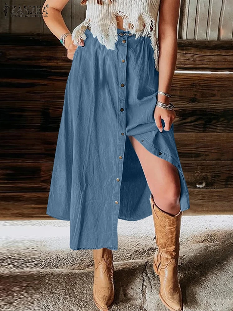 

ZANZE Women Solid Color Skirts Fashion Elastic Waisted Long Jupes Casual Loose Buttons A-line Faldas Holiday 2025 Summer Skirts