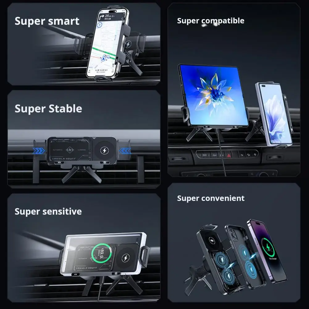 デュアルコイルワイヤレス充電器 15 ワット高速充電ワイヤレス車の充電器電話ホルダー自動回転マウント付き折りたたみ式電話用高