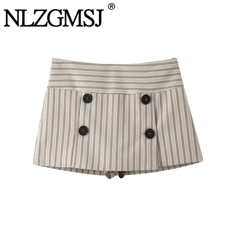 NLZGMSJ 2026 Autumn Women Striped Double Breasted Button Decoration A‑Line Skirt Street Casual Woman Culottes Y2K