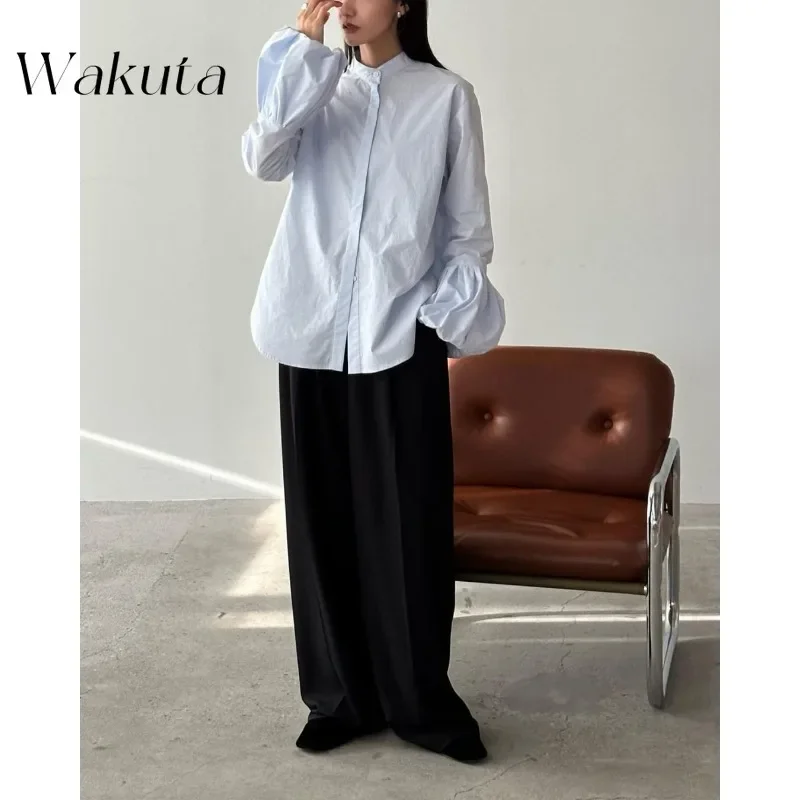 WAKUTA Chic Retro Early Fall Japanese French Romantic Retro Chic Lantern Sleeve Shirt Casual Simple Texture Tops Female Camisas