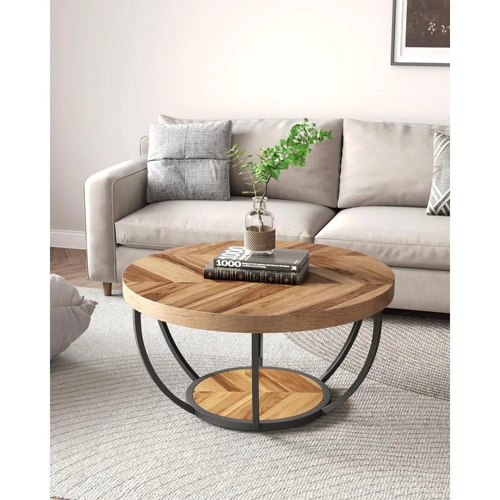 Round Coffee Table, 32 Inch Round Coffee Table for Living Room, 2 Tier Wood Decorative Center Table, (Wood Grain & Black)