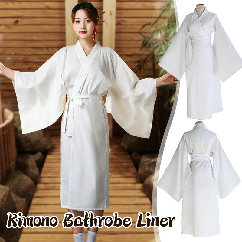 Women Men Japanese Classic Bathrobe Nightwear Yukata Gown White Kimono Lining With Belt Stage Performance Cosplay Kimono