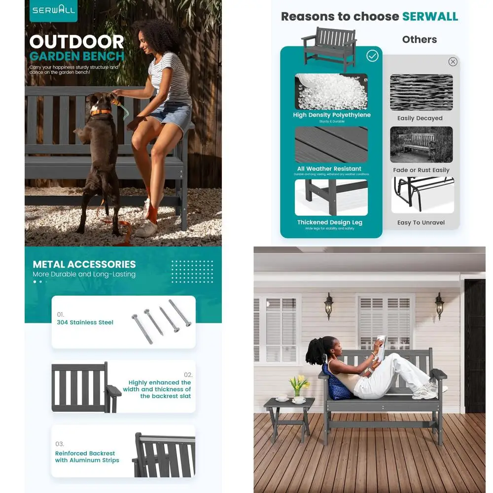 

SERWALL Outdoor Bench, HDPE Outdoor Benches Weatherproof, 2-Person Garden Bench with 660 lbs Weight Capacity, Patio Benches for