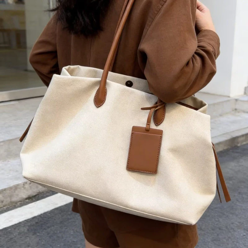 Suede Canvas Color-block Tote Bag,lightweight Multi-compartment Large Capacity Handbag,leisure Simple Retro Zipper Shoulder Bag - view 5