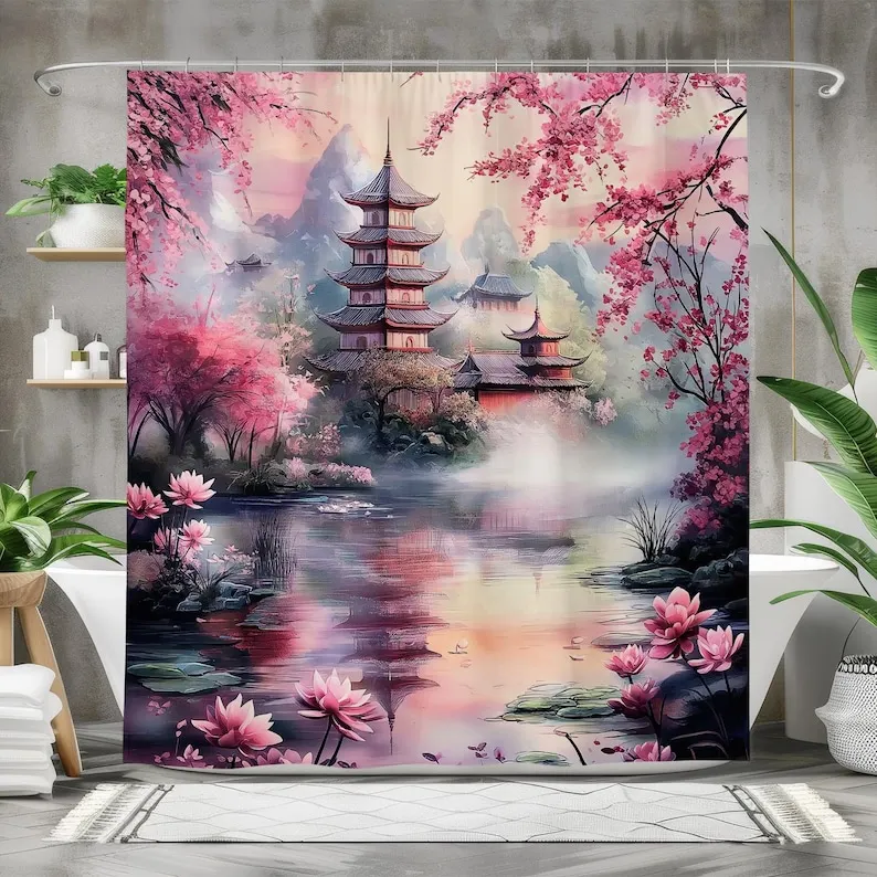 Japanese Shower Curtain, Waterproof Fabric Bath Curtain, Tranquil Garden Bathroom Decor, Cherry Blossom and Lotus Art
