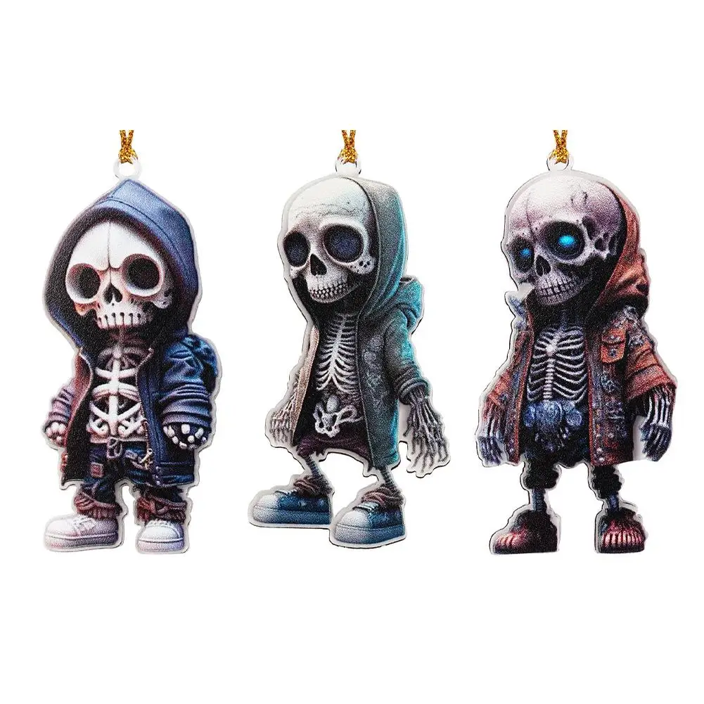 Acrylic Skeleton Figurines Flat Car Mirror Swing Pendant Halloween Car Interior Decorations Vehicle Ornament For Auto Rearvie