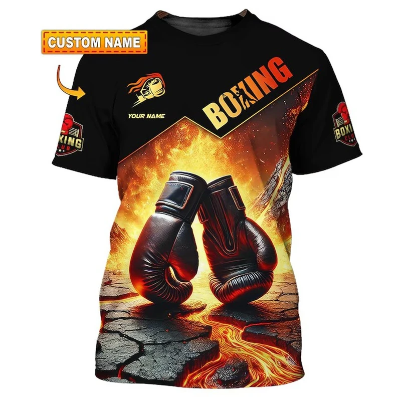 Boxing Gloves Print T-shirt Men's Clothing DIY Personality Name O Neck T Shirts Harajuku Flame Cool Streetwear 2025 Novelty Top
