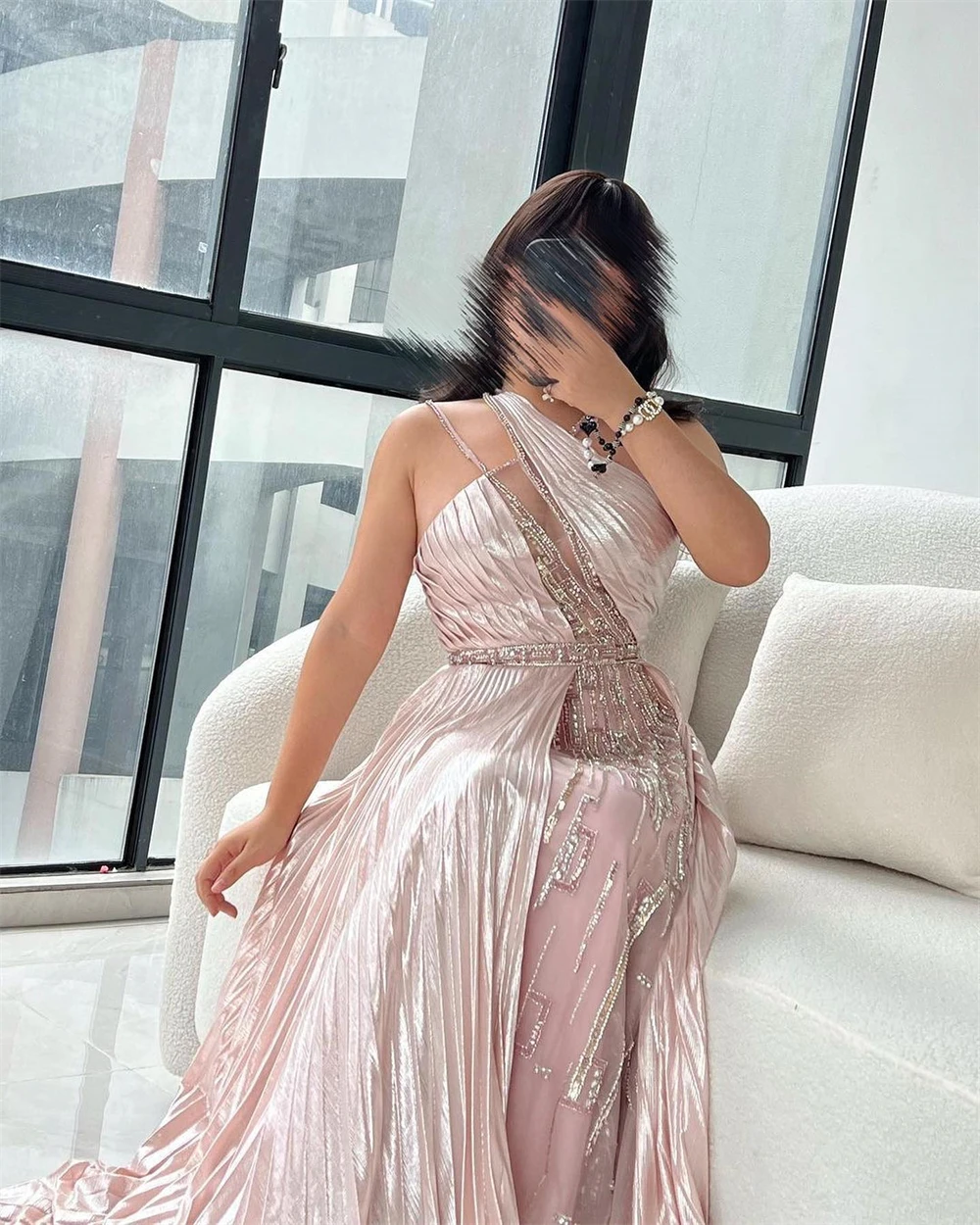  Evening Saudi Arabia Satin Rhinestone Draped Evening A-line Halter Bespoke Occasion Gown Long Dresses