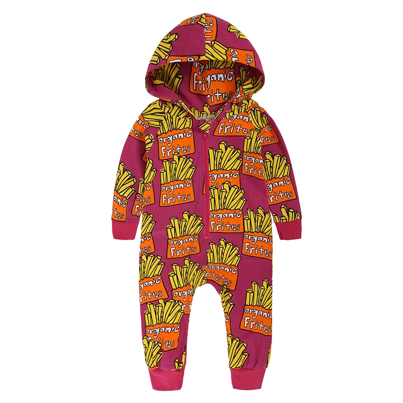 Funny Baby Girls Clothes Rompers With French Fries Print Hooded Bodysuit Zip-Up Long Sleeve Onesie Baby Jumpsuit Cool Streetwear