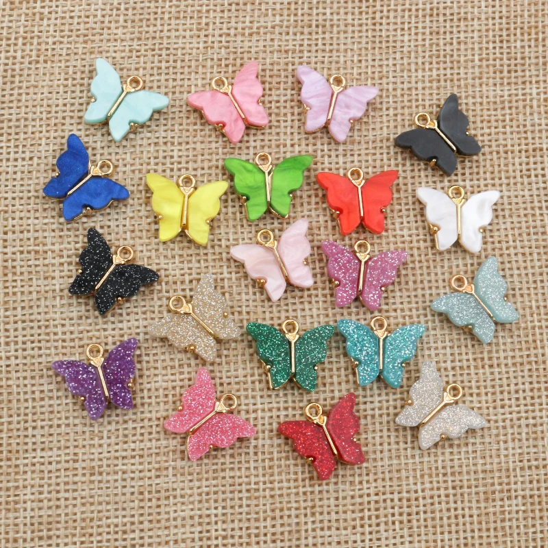 10pcs 14x16mm Acrylic Butterfly Charms Pendant Alloy Metal Back For Necklace Bracelet DIY Jewelry Making Accessories Findings