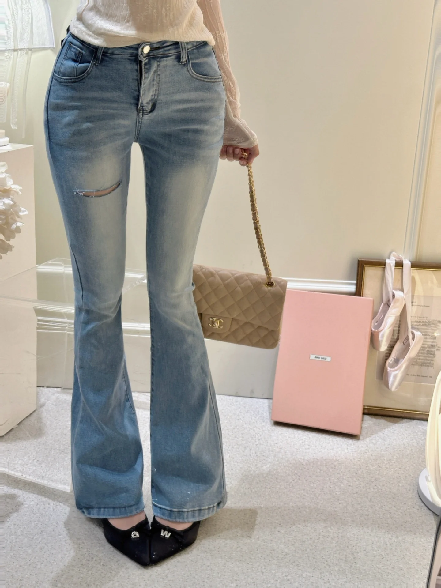 

Roman Gift Design High Waist Bell Bottom Denim Jeans Women's Elastic Slimming Hip Lifting Long Pants Cotton Stretch Denim