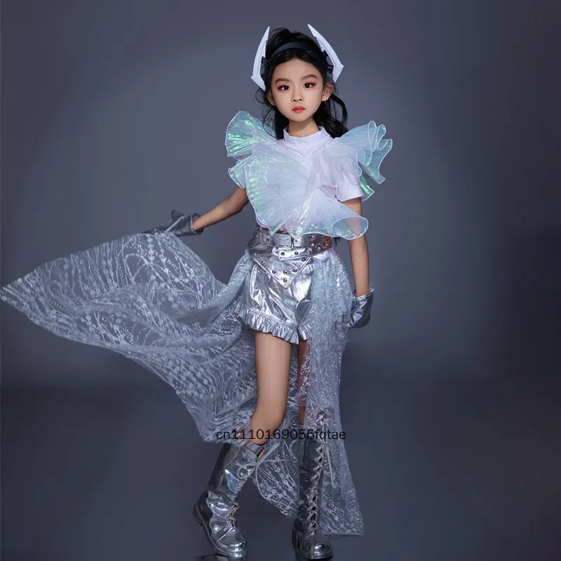Girls Metallic Futuristic Catwalk Dress Robot Cyberwear Sequin Glitter Long Train Performance Costume For Teenagers Stage Show