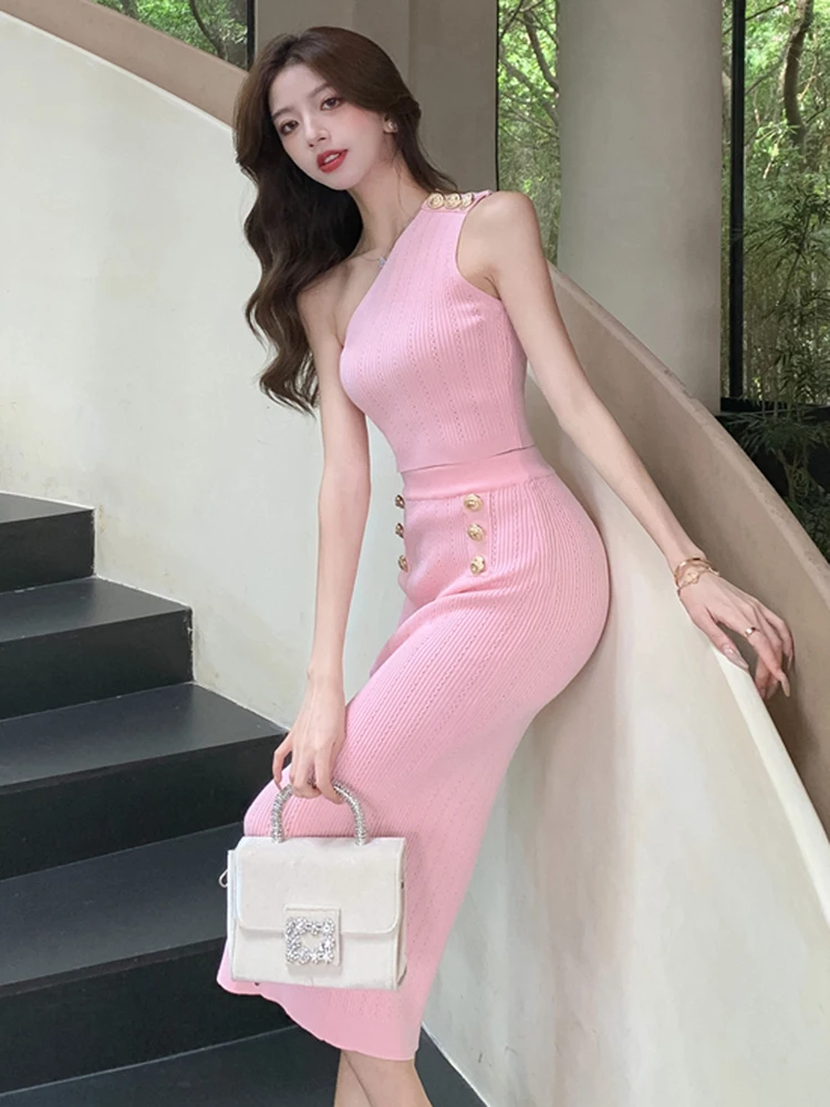 Korean Fashion Summer Pink Knitting 2 Piece Set Women Sexy One Shoulder Slim Vest Crop Tops +High Waist Bodycon Long Skirt Suit